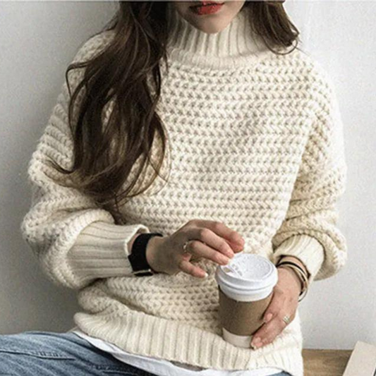 Women's Sweater – Off-White Chunky Knit, High Turtleneck, Oversized Sleeves, Cotton Acrylic Blend-54883-58562561016138