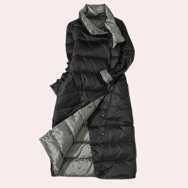 Women's Two-Tone Puffer Coat – Mid-Calf, Oversized, Insulated Polyester-54885-58562551152970