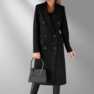 Women's Double-Breasted Tailored Coat – Wool Blend, Notched Lapel, Mid-Calf Length, Gray/Camel/Black-55035-59519544426839