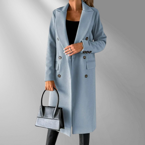Women's Double-Breasted Tailored Coat – Wool Blend, Notched Lapel, Mid-Calf Length, Gray/Camel/Black-55035-59519544492375