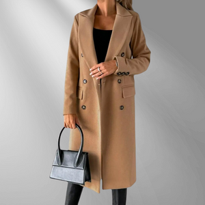 Women's Double-Breasted Tailored Coat – Wool Blend, Notched Lapel, Mid-Calf Length, Gray/Camel/Black-55035-59519544525143