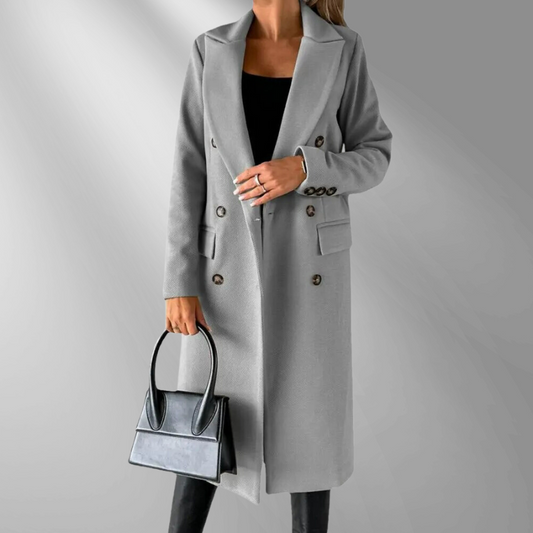 Women's Double-Breasted Tailored Coat – Wool Blend, Notched Lapel, Mid-Calf Length, Gray/Camel/Black-55035-59519544394071