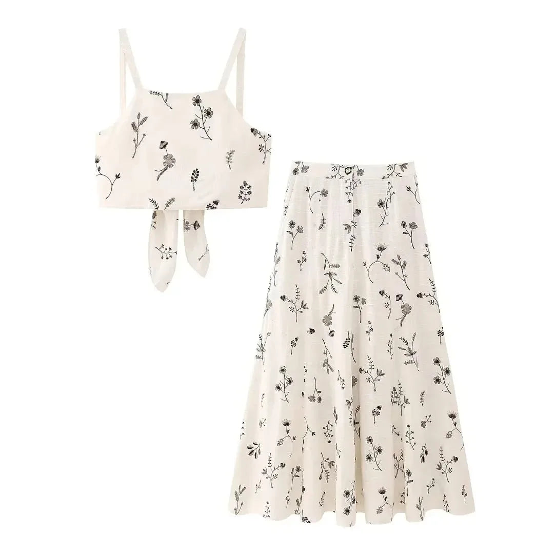 Floral Two-Piece Outfit - Tie-Front Crop Top