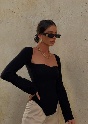 Ribbed Knit Top - Asymmetrical Hem, Long Sleeve