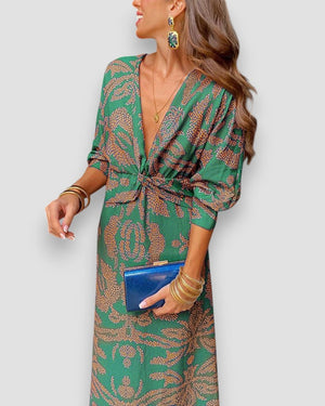 Women's Printed V-Neck Long Sleeve Dress with Knot Waist Detail-83293-a2701805-72c5-4d96-9e9b-4110b8b78855