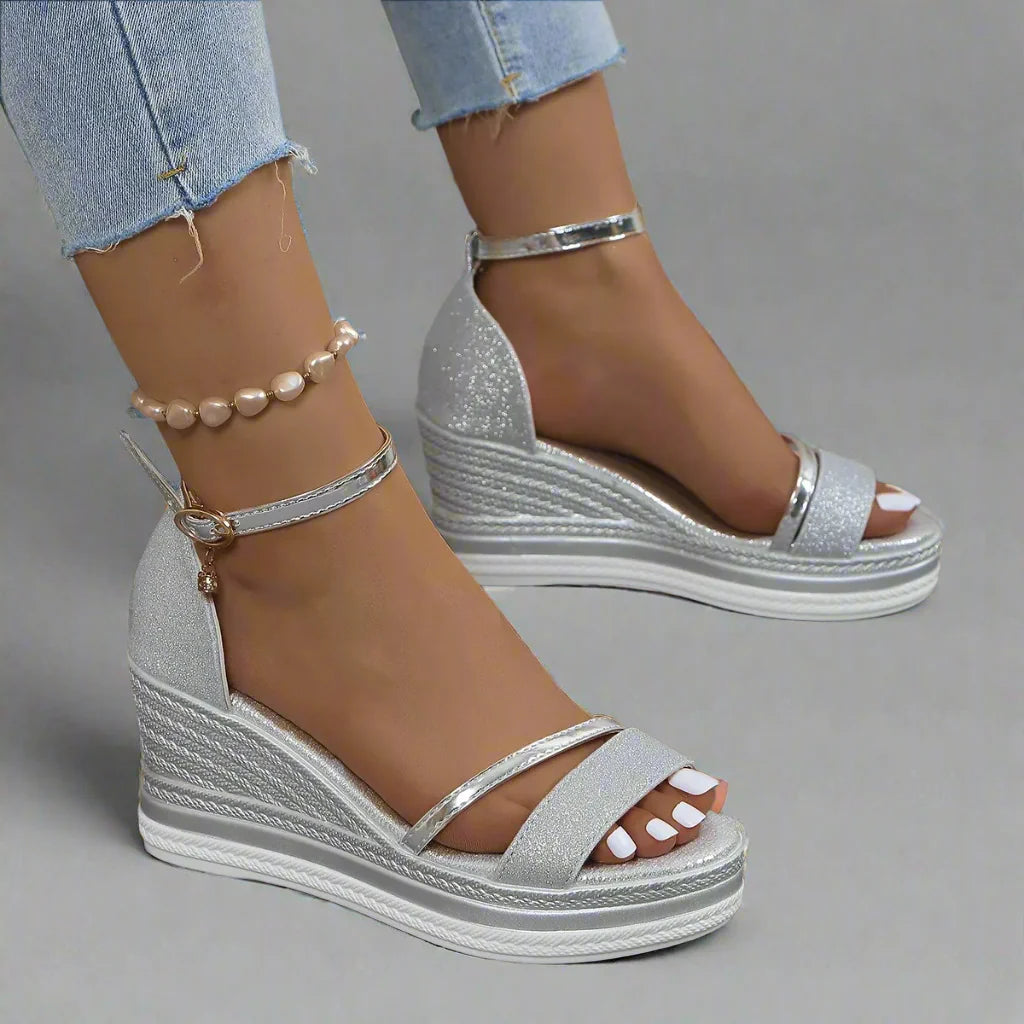 Women's Glitter Wedge Sandals with Platform Sole & Adjustable Ankle Strap - Comfortable Open Toe Footwear for Glamorous Occasions-83231-a2cfb5be-8309-463f-805b-4be6efa70c7f