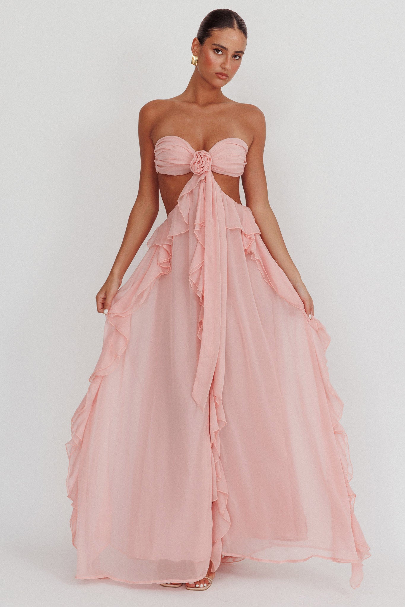 Women's Strapless Ruffle Cut-Out Flowing Dress - Elegant Occasion-83518-a2f18469-0f0f-4e9a-80a3-1a2fe59cbf9c