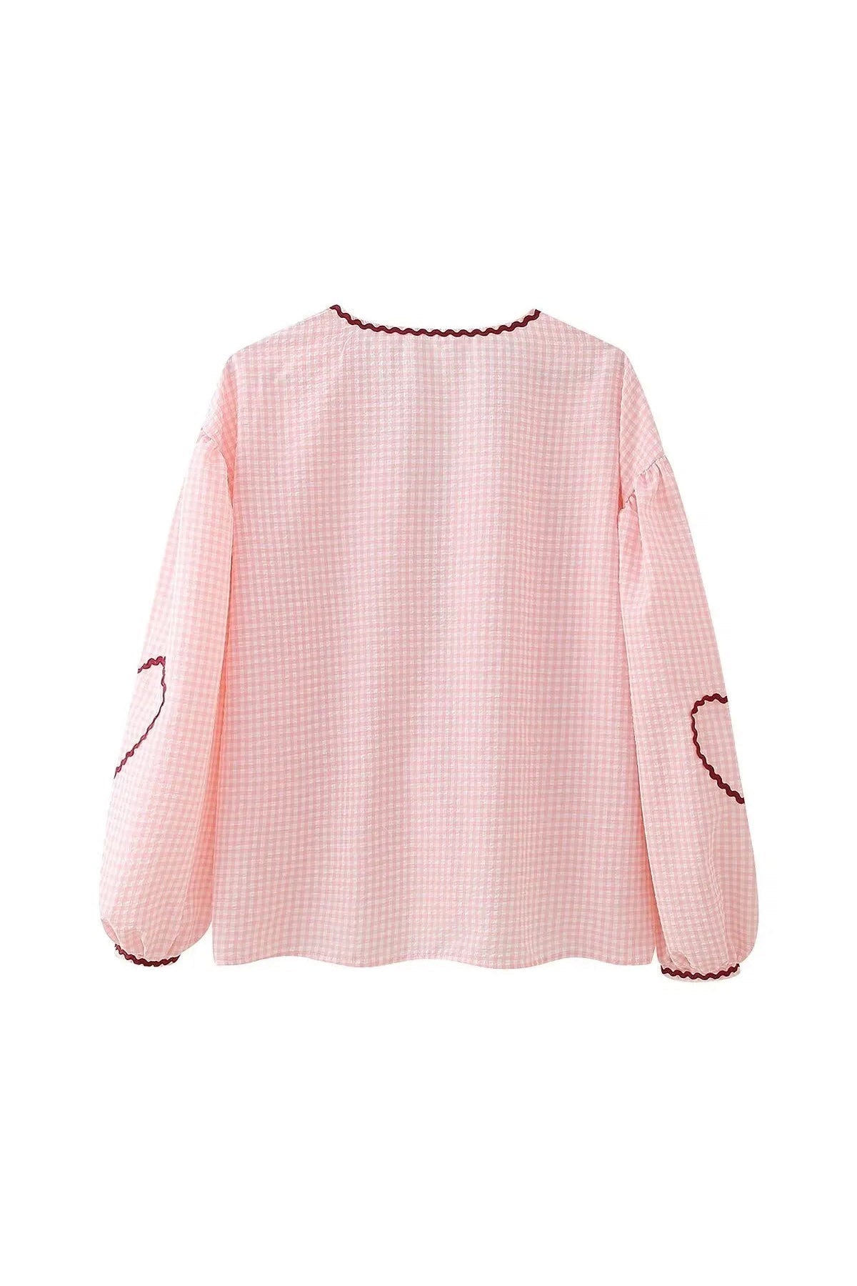 Women's Gingham Blouse – Heart-Shaped Pockets, Red Trim, Tie-Front, Long Sleeve-83307-a38bebf3-5b55-422e-9034-81a13e253715