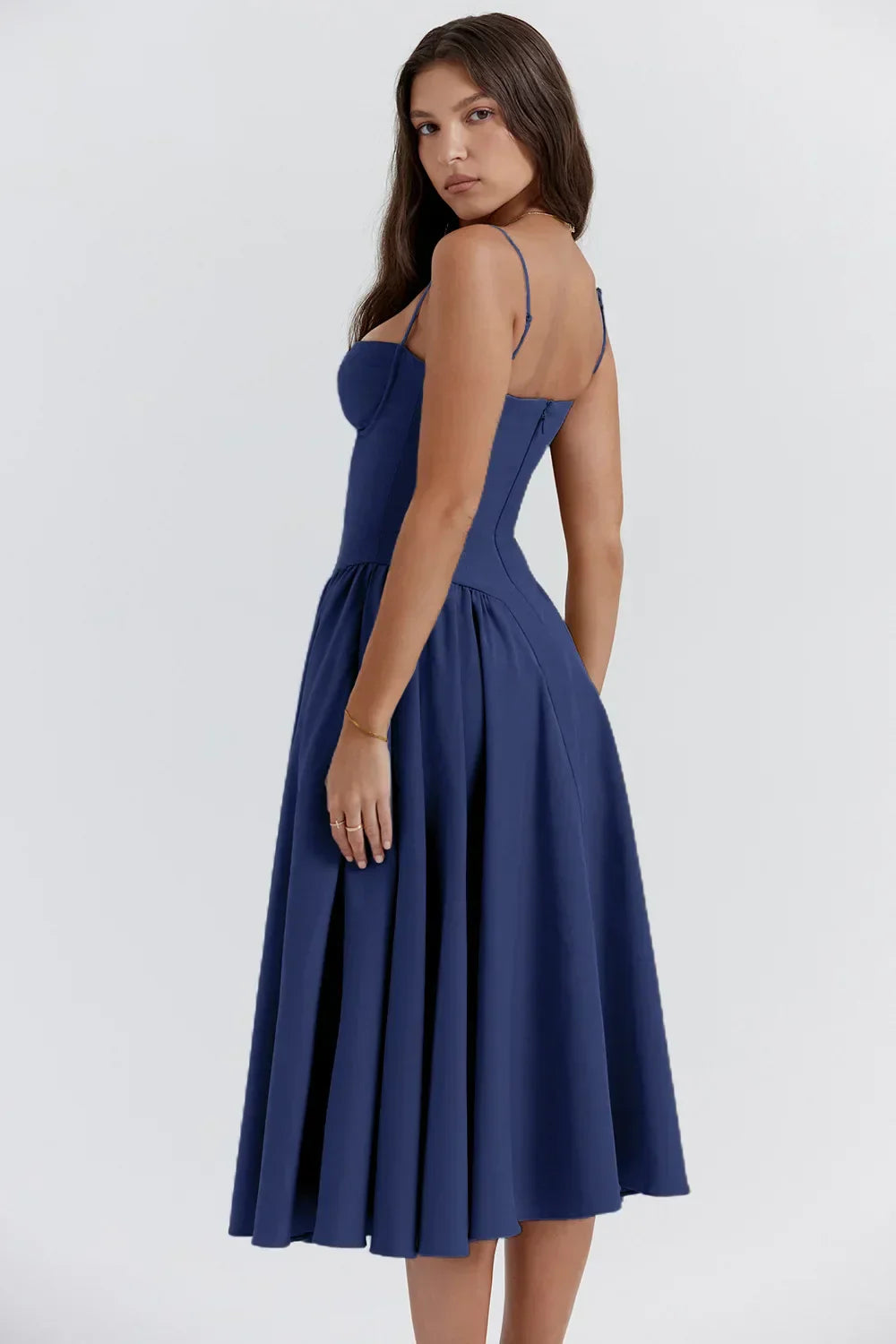 Women's Midi Dress – Pleated Skirt, Structured Bodice, Pockets-83506-a4bbb472-fda4-4d54-be07-4486bec144b4