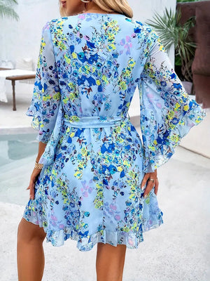 Floral Wrap Mini Dress - Ruffle Hem and Bell Sleeves