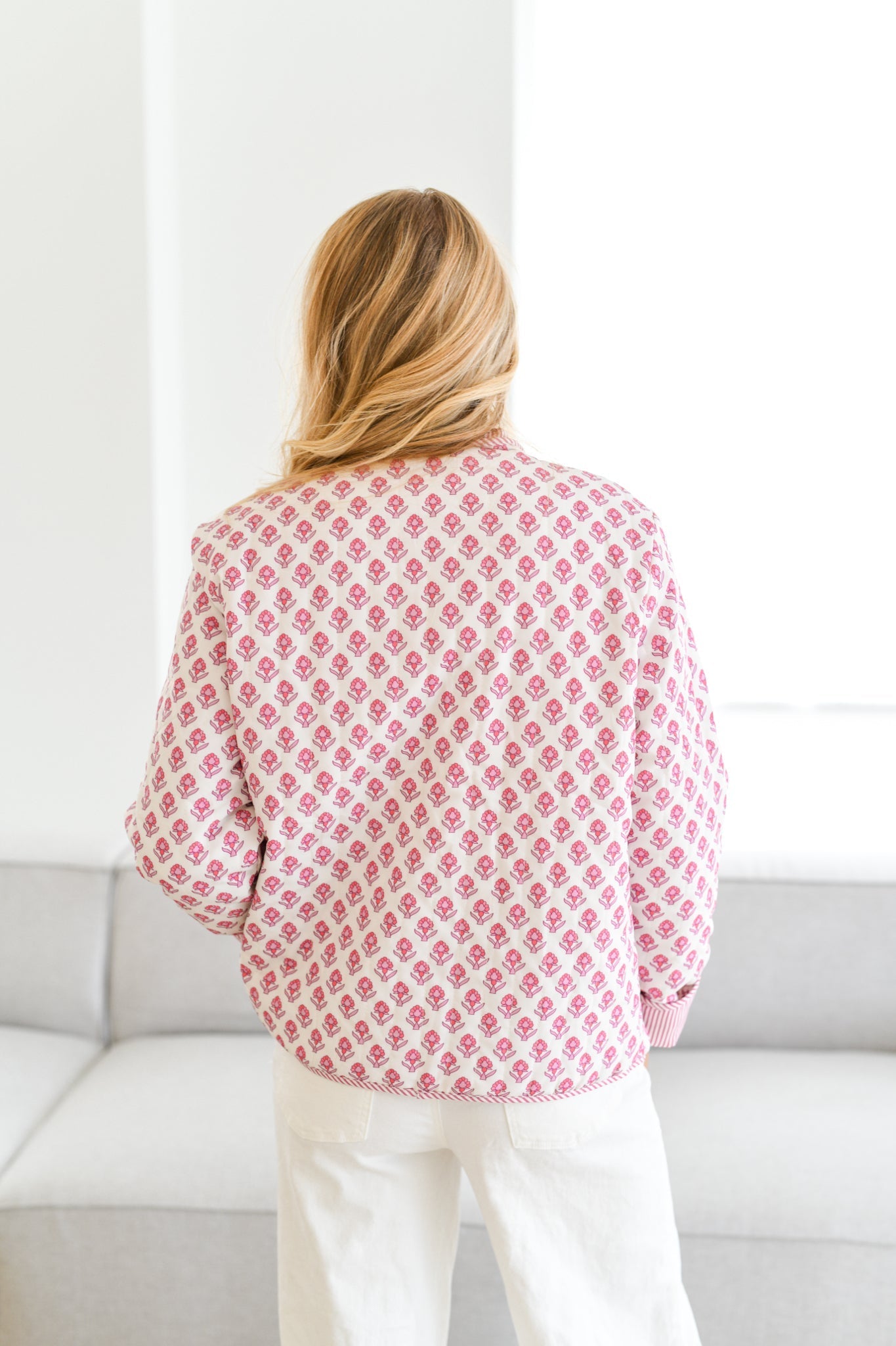 Floral Button-Down Blouse with Striped Trim
