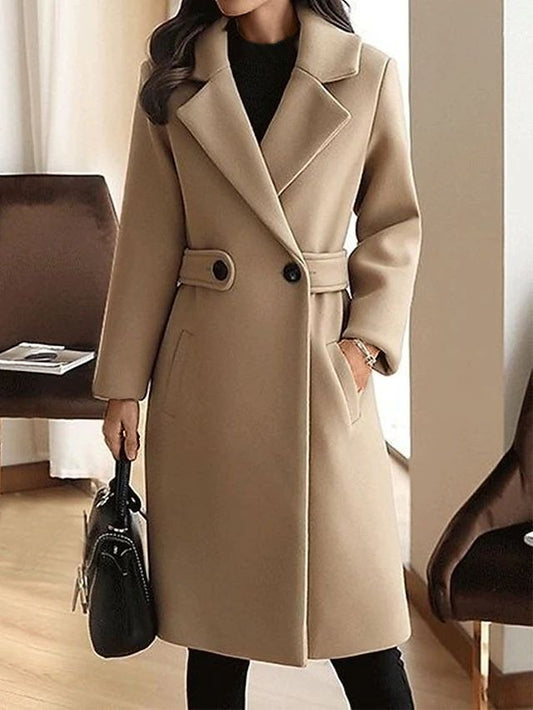 Women's Long Coat – Belted, Button Front, Classic Style-74310-a76914a0-f802-4202-95fc-aec247e07d1b
