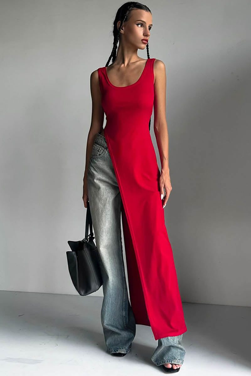 Fitted Top - Asymmetrical Slit, Sleeveless Design