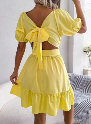 Ruffle Hem Short Dress with Puff Sleeves
