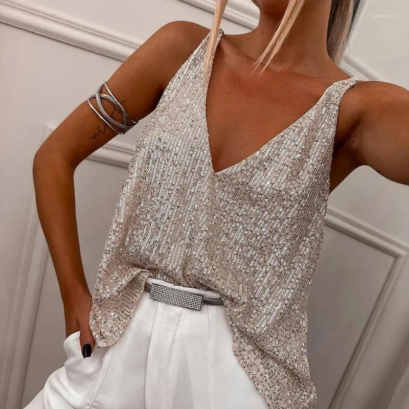 Sequin Shimmer V-Neck Sleeveless Top