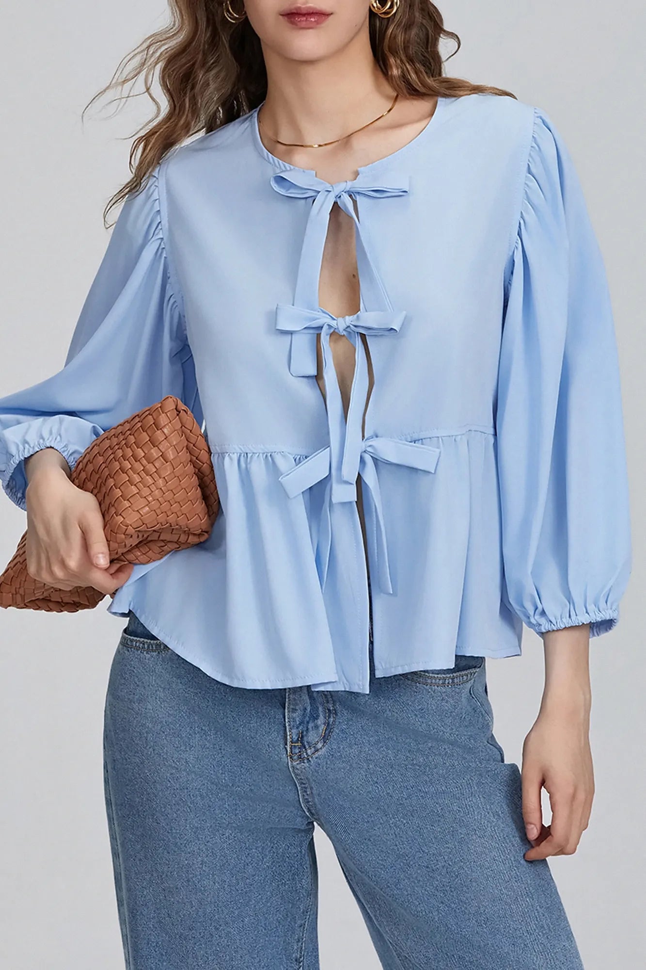 Basicfold Women's Bow Detail Peplum Blouse – Three-Quarter Sleeves, Multiple Colors-83302-ab154e8d-4ed3-41ca-9a45-f88c71022531