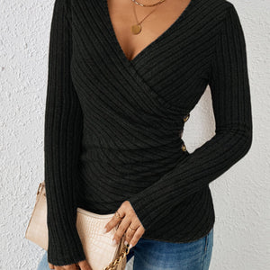 Ribbed Wrap Top - Long Sleeve V-Neck