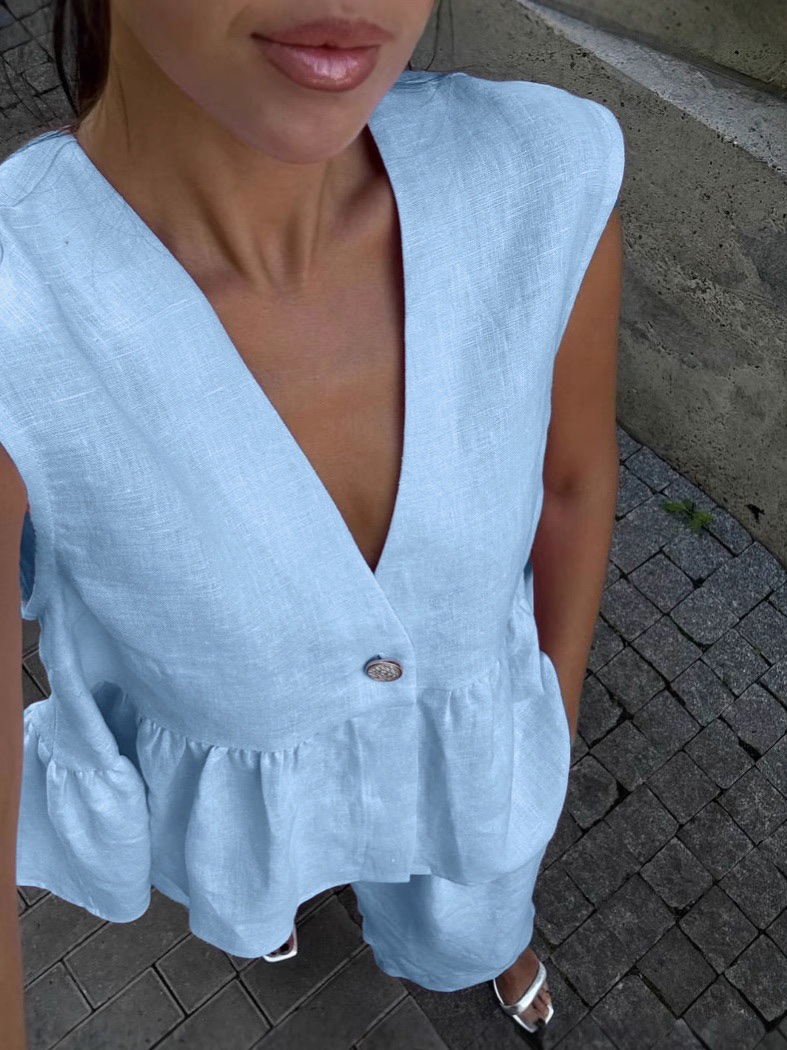 Basicfold Women's Linen Two-Piece Set – Sleeveless V-Neck Top & Wide-Leg Pants-83272-af16f531-da53-4f1b-bcf9-cb09a6348d43