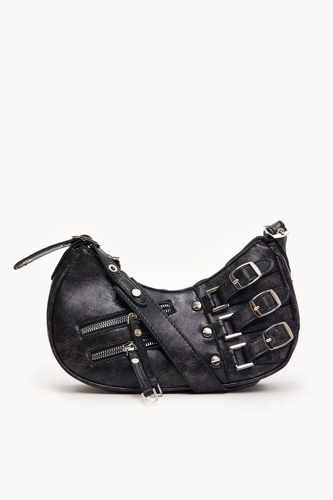 Buckled Baguette Bag with Zippered Detail