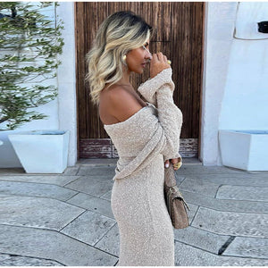 Shimmering Off-Shoulder Midi Dress