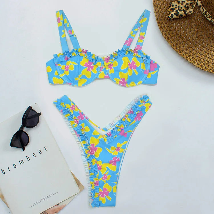 Floral Ruffle Bikini Set - Underwire Top