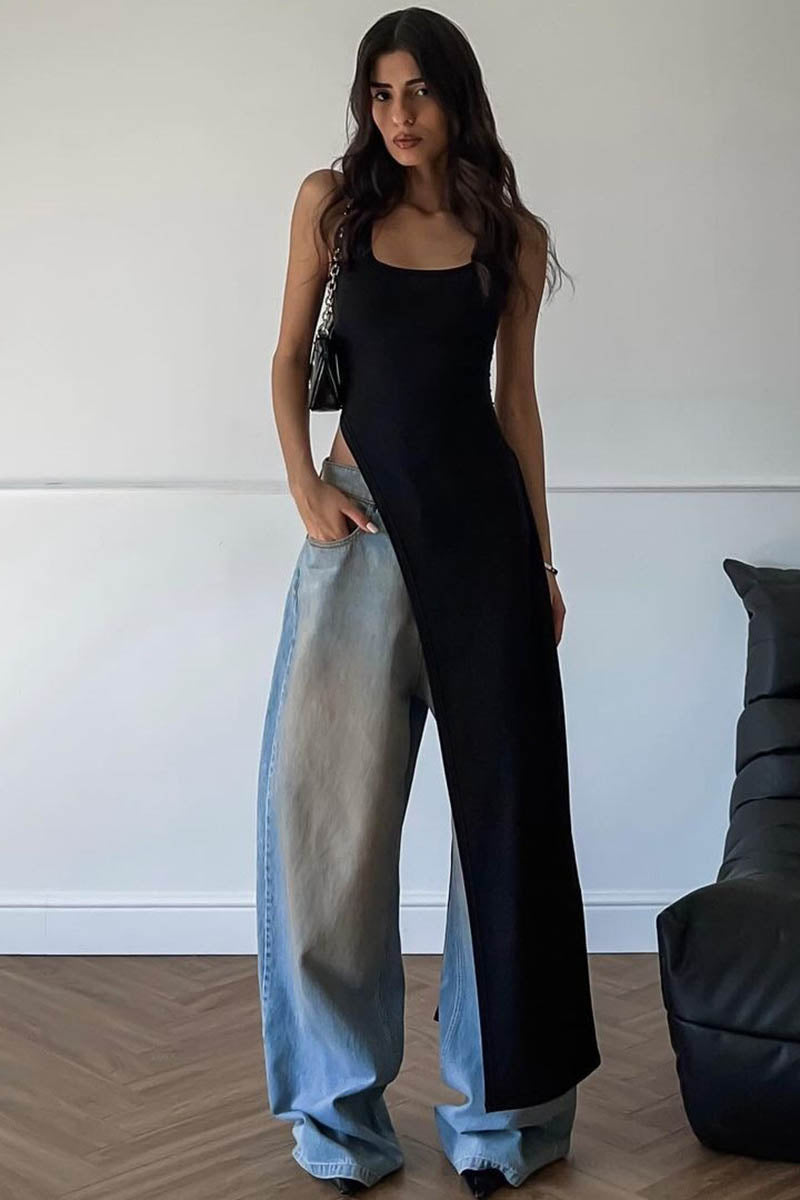 Fitted Top - Asymmetrical Slit, Sleeveless Design