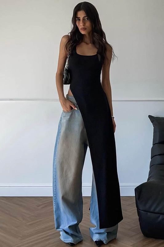 Fitted Top - Asymmetrical Slit, Sleeveless Design