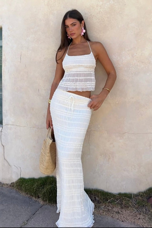 Women's Two-Piece Outfit – Gathered Halter Top & Midi Skirt with Drawstring Waist, Matching Set-83709-b52aeb6e-d2f7-4fbf-a20a-c22d34d3108f
