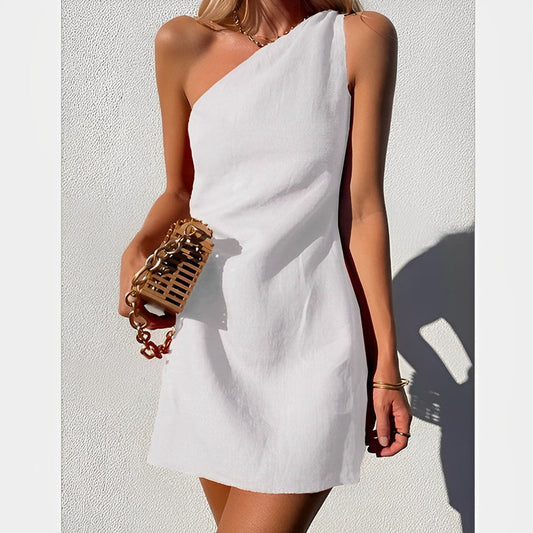 Basicfold Women's Linen One-Shoulder Mini Dress – Asymmetrical Neckline-83276-b54a8c14-7492-4227-848f-dcffc7c536ce