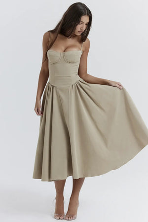 Women's Midi Dress – Pleated Skirt, Structured Bodice, Pockets-83506-b5d3d5e9-6194-4caf-8958-4d196807003b