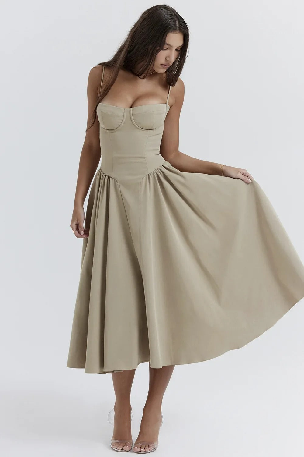 Women's Midi Dress – Pleated Skirt, Structured Bodice, Pockets-83506-b5d3d5e9-6194-4caf-8958-4d196807003b