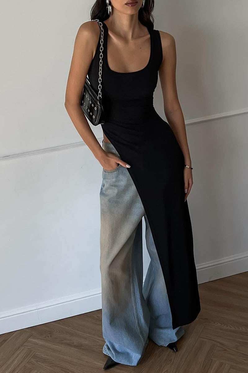 Fitted Top - Asymmetrical Slit, Sleeveless Design