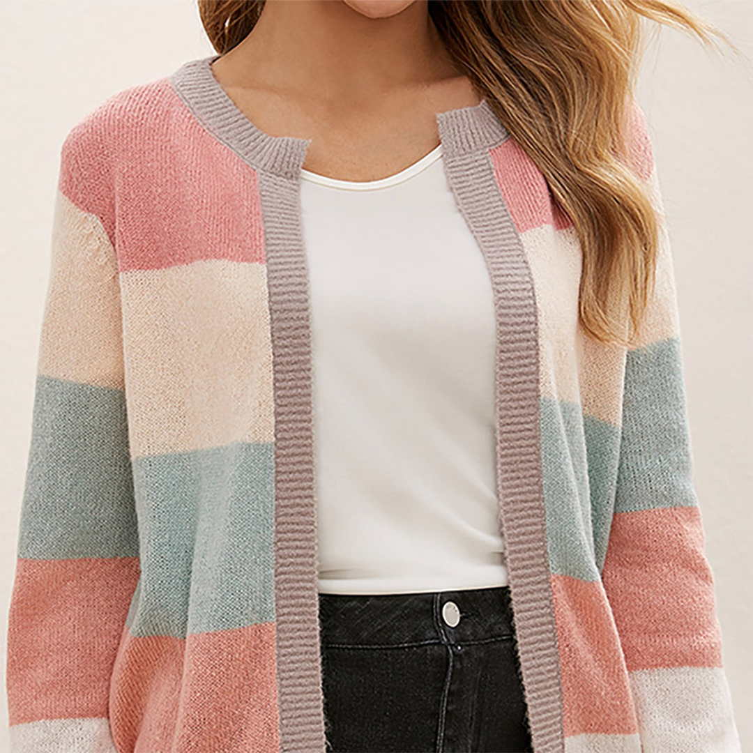 Women's Cardigan – Open Front Striped Color Block Knit, Long Sleeve, Oxford Clothing-74430-b7d7e3fb-8756-4304-aa65-510c351829d7