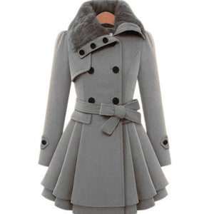 Women's Double-Breasted Winter Coat – Faux Fur Collar, Flared Skirt, Waist Belt Detail-82347-b874cd15-a500-4385-bc7d-5daf675e8b40