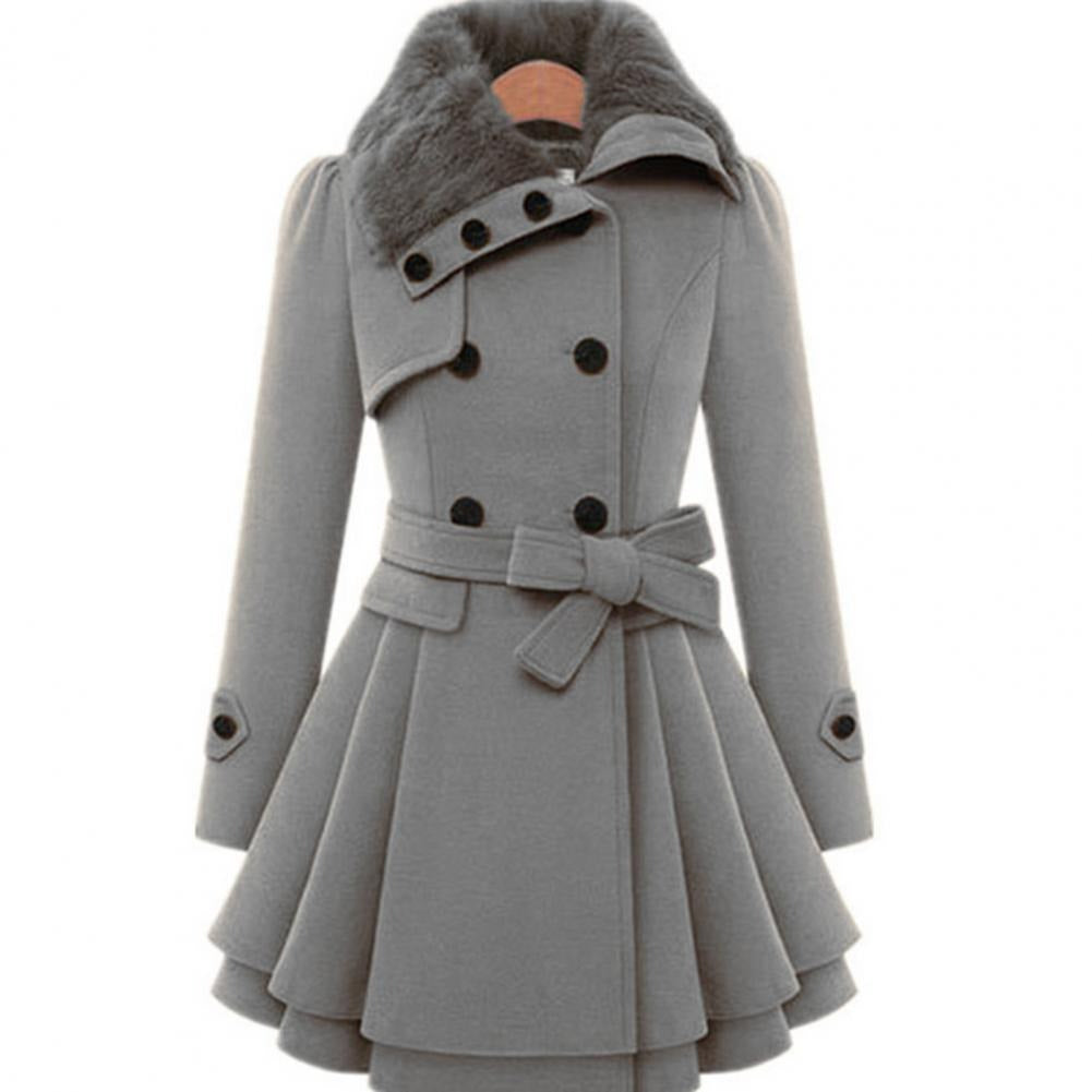 Women's Double-Breasted Winter Coat – Faux Fur Collar, Flared Skirt, Waist Belt Detail-82347-b874cd15-a500-4385-bc7d-5daf675e8b40