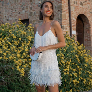 Women's Mini Dress – Feather Trim Fringe Spaghetti Strap-83329-b89dee3c-6558-4042-a52c-feaa9c10a8c1