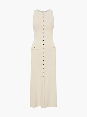 Ribbed Knit Midi Dress with Gold Buttons