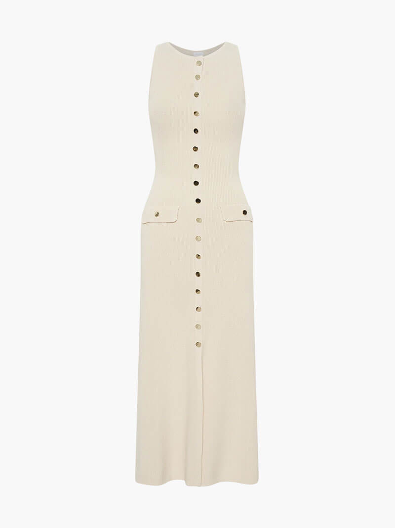 Ribbed Knit Midi Dress with Gold Buttons