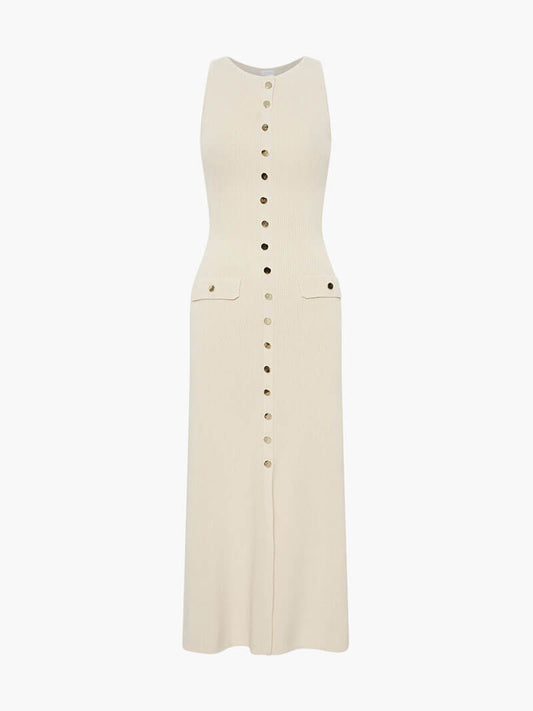 Ribbed Knit Midi Dress with Gold Buttons