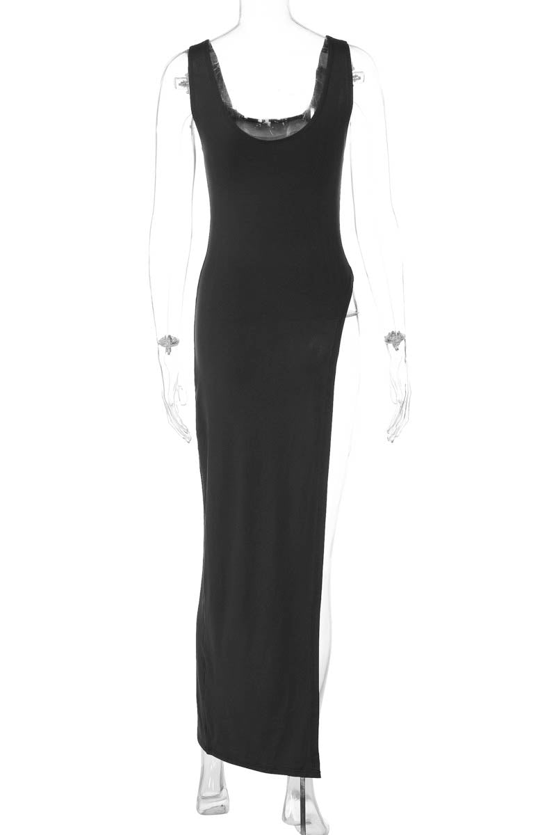 Fitted Top - Asymmetrical Slit, Sleeveless Design