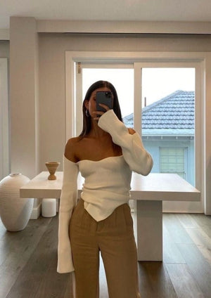 Ribbed Knit Top - Asymmetrical Hem, Long Sleeve