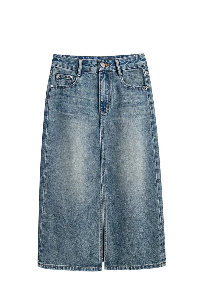 Vintage Wash Midi Skirt with Front Slit