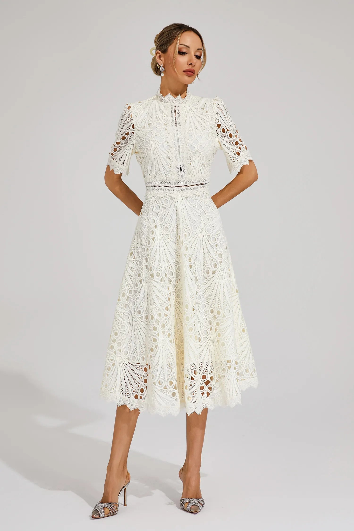 Women's Lace Midi Dress – High Neckline, Short Sleeve, Cut-Out Detail-83326-be1aeda9-0c01-47ea-ba20-424d266bc319