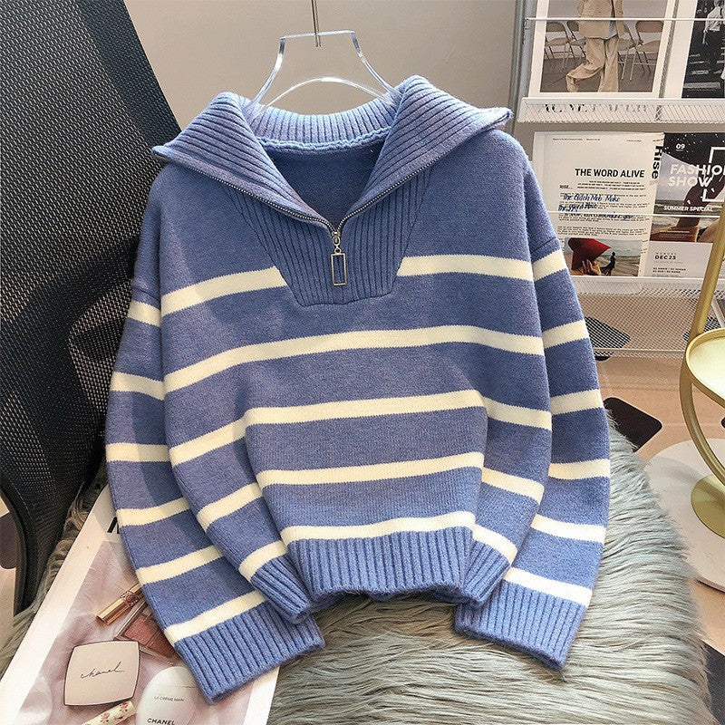 Striped Half-Zip Relaxed Fit Sweater