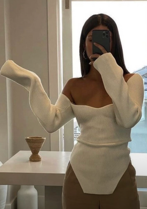 Ribbed Knit Top - Asymmetrical Hem, Long Sleeve