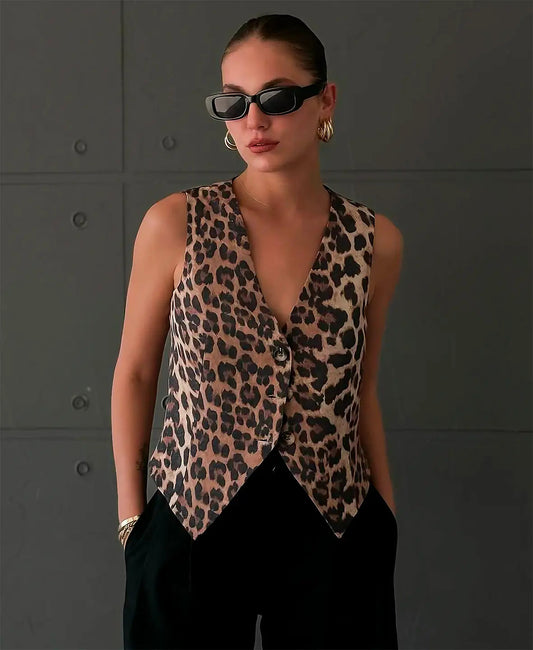 Leopard Print Button-Front Statement Vest
