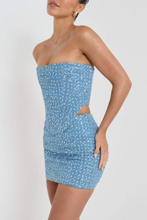 Sequin Mini Dress - Sweetheart Neckline & Fitted Cut