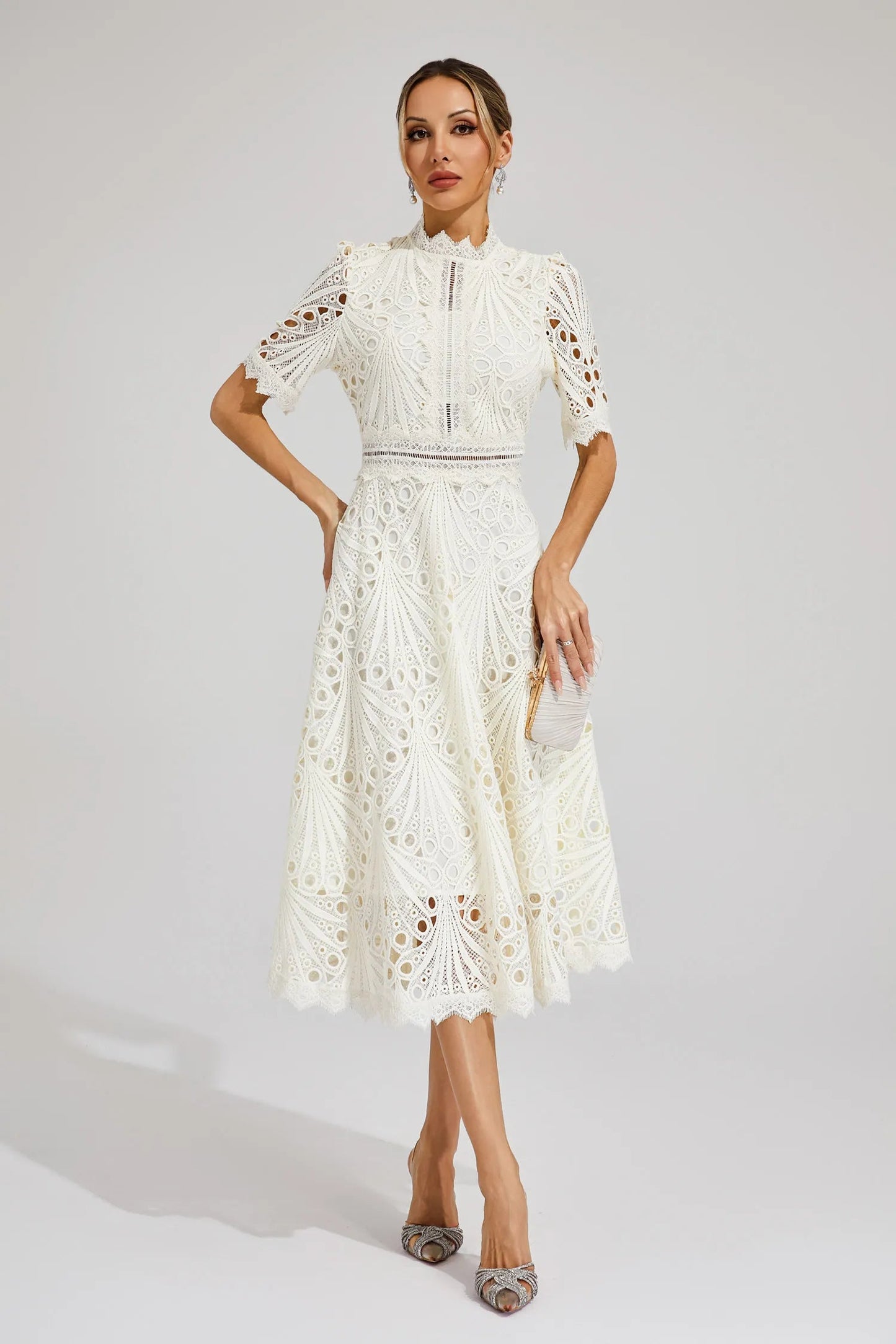 Women's Lace Midi Dress – High Neckline, Short Sleeve, Cut-Out Detail-83326-c724d81f-0b98-4d6e-915b-063543b8cbaa