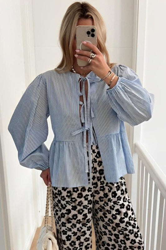 Basicfold Women's Blouse – Blue White Striped, Tie-Front, Puffed Sleeves-83299-c72d5346-bc44-4d3d-aca9-523a14b670c6