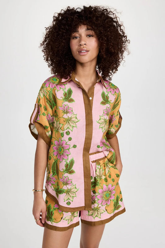 Floral Linen Blouse - Bohemian Button-Down Top